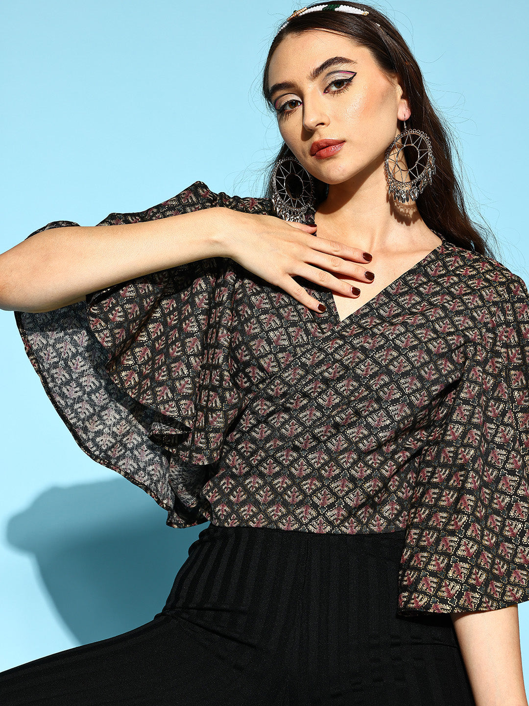 InWeave Women's Black Foil Print Bell Sleeves Top - Distacart