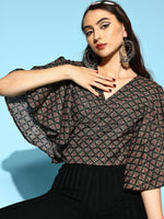 Thumbnail for InWeave Women's Black Foil Print Bell Sleeves Top - Distacart