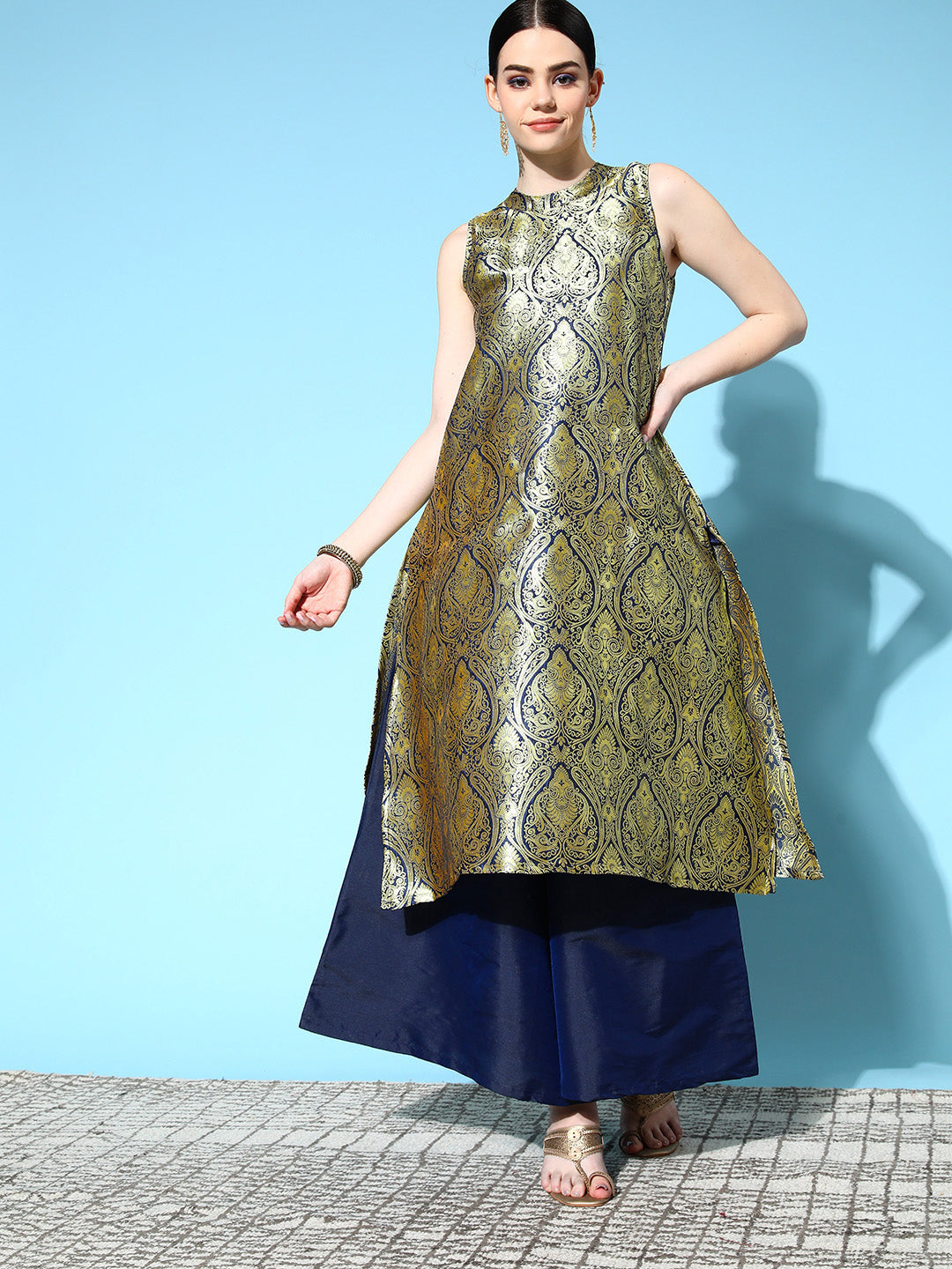 InWeave Women's Blue Banarasi Halter Kurta Set - Distacart