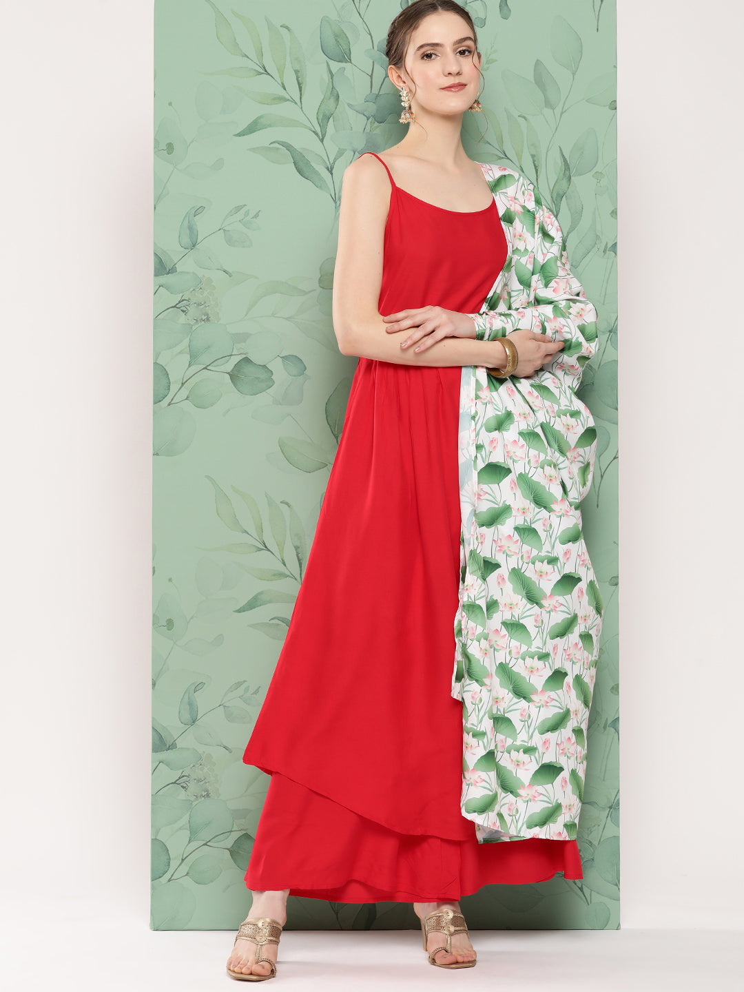 InWeave Women's Red Strappy Set W White Pink Lotus Cr Duptta - Distacart