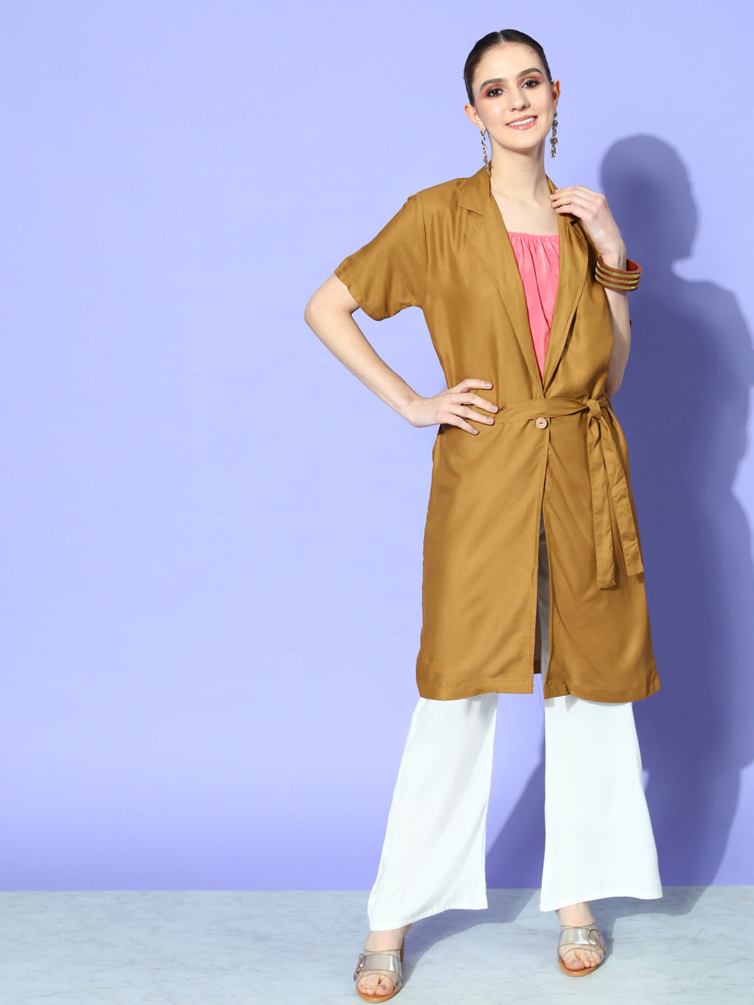 InWeave Women's Camel Brown Cream Pant Coord Set With Peach Crop Top - Distacart