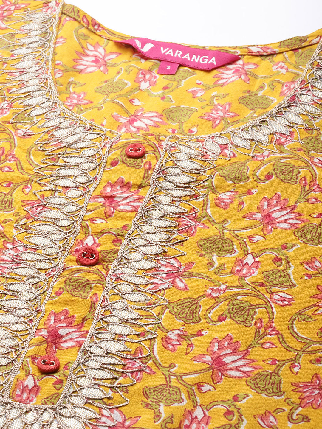 Varanga Mustard Floral Printed Kurta With Embroidered Neckline - Distacart