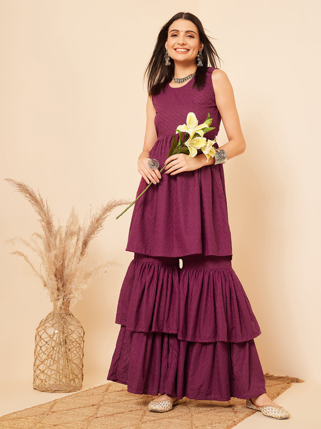 InWeave Women's Purple Lace Work Double Layer Sharara Set - Distacart