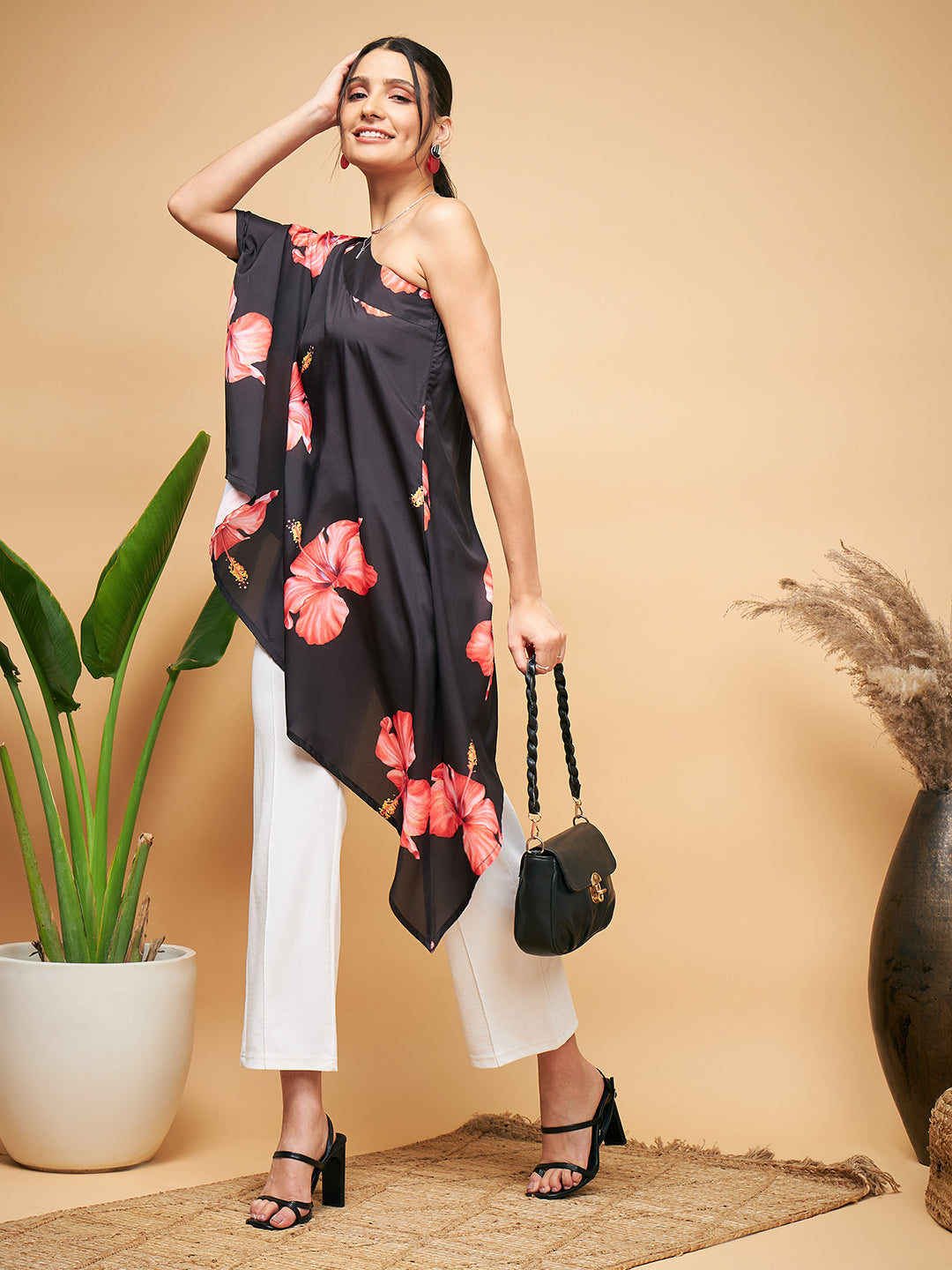 InWeave Women's Black Red Big Flower One Shoulder Kurta - Distacart