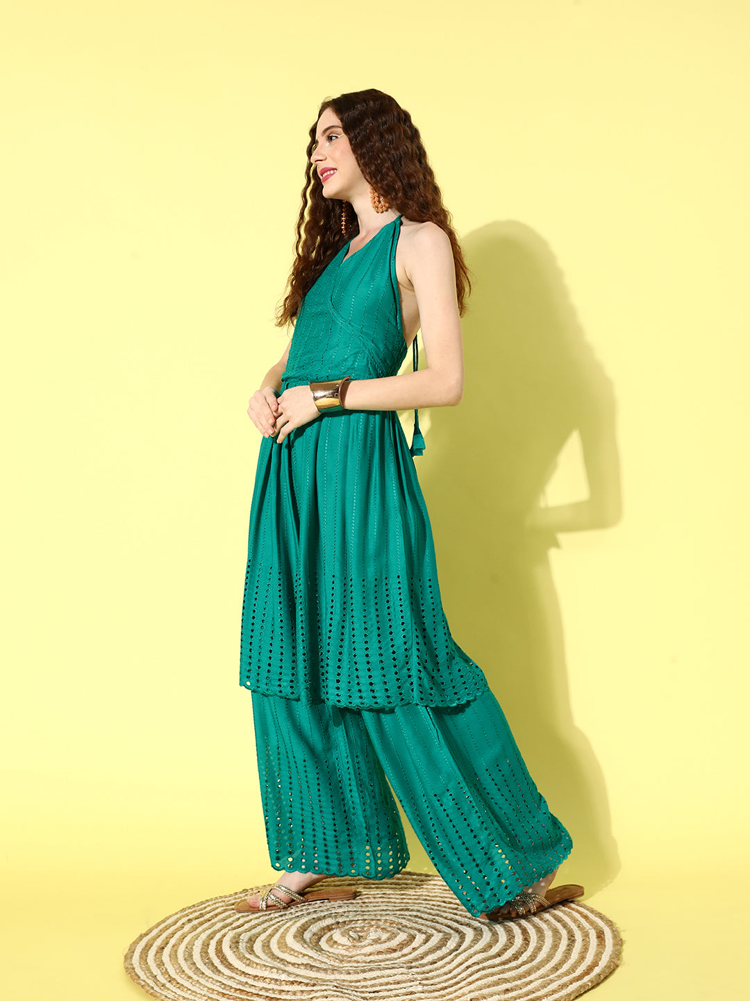 InWeave Women's Teal Lace Work Backless Kurta Sharara Set With Lehariya Dupatta - Distacart