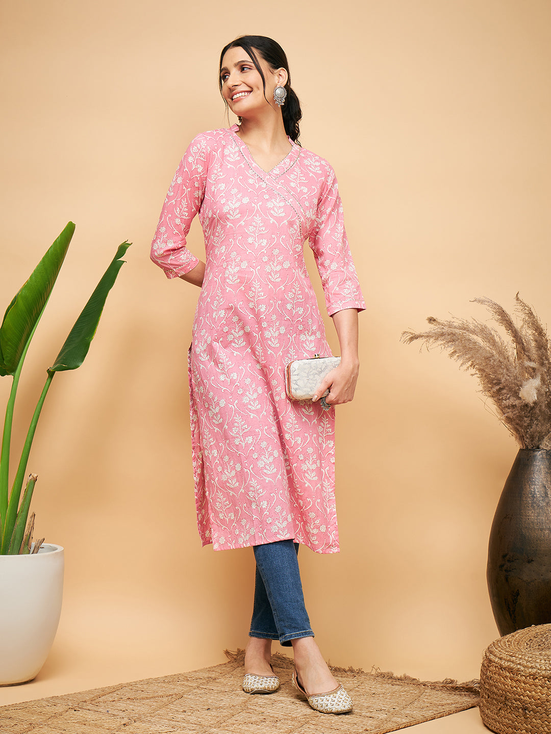 InWeave Women's Light Pink Floral Print Straight Angrakha Gota Kurta - Distacart