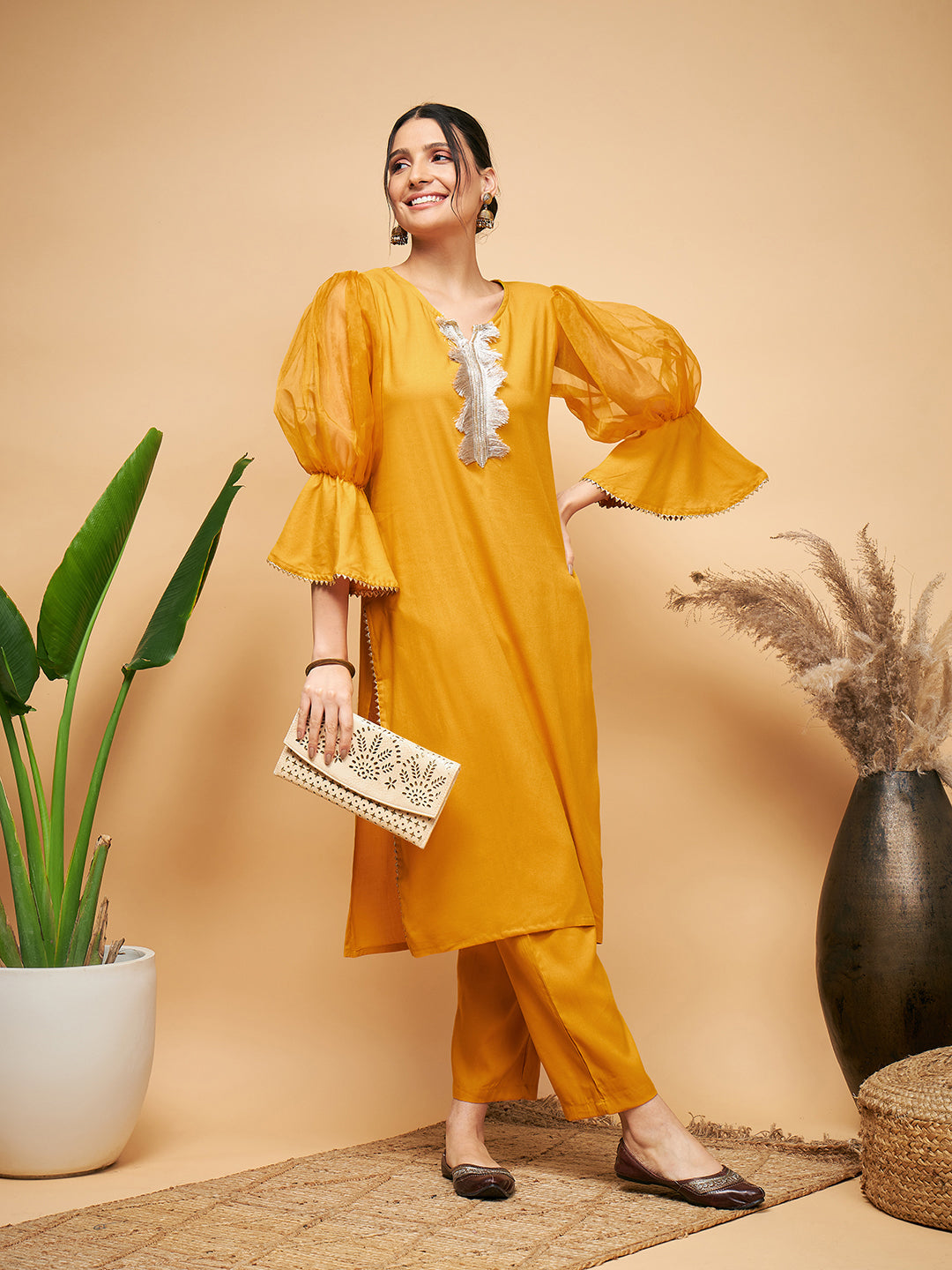 InWeave Women's Mustard Organza Sleeve Kurta Set - Distacart