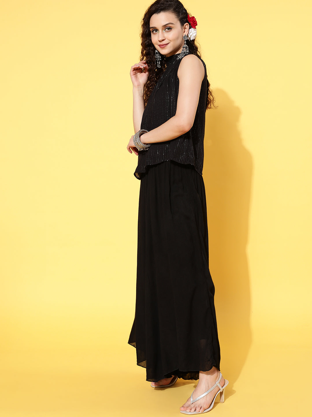 InWeave Women's Black Lurex Top With Flared Pallazo - Distacart