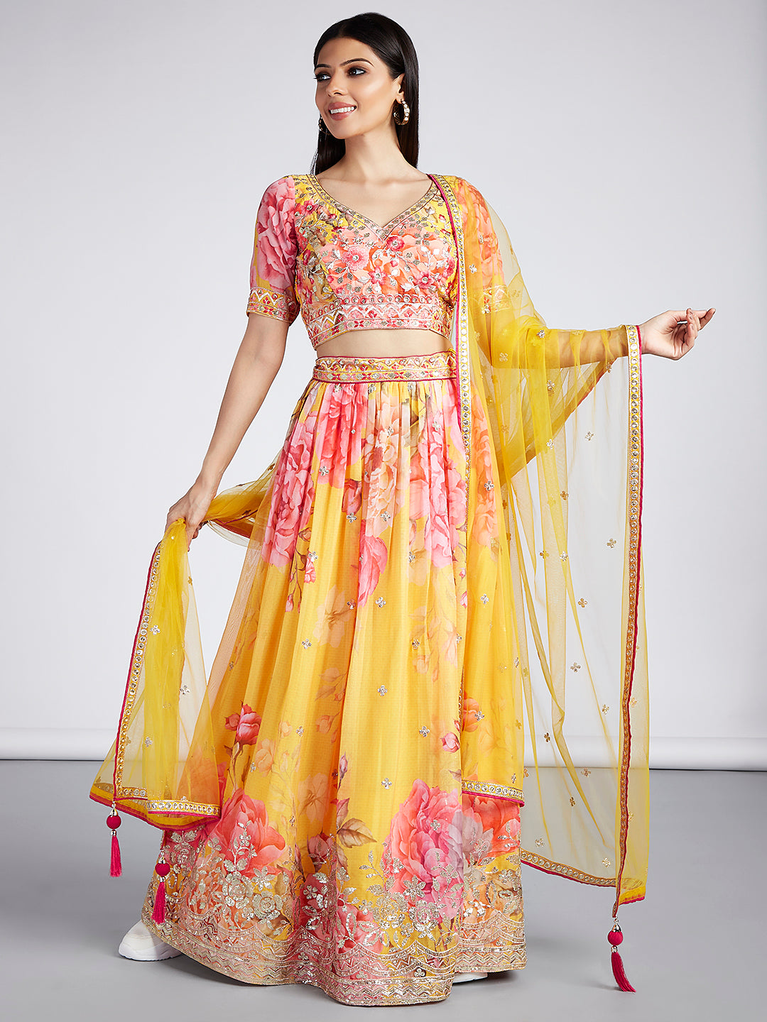 House of Panchhi Yellow Colour Organza Floral Design Digital Print Lehenga Choli & Dupatta - Distacart