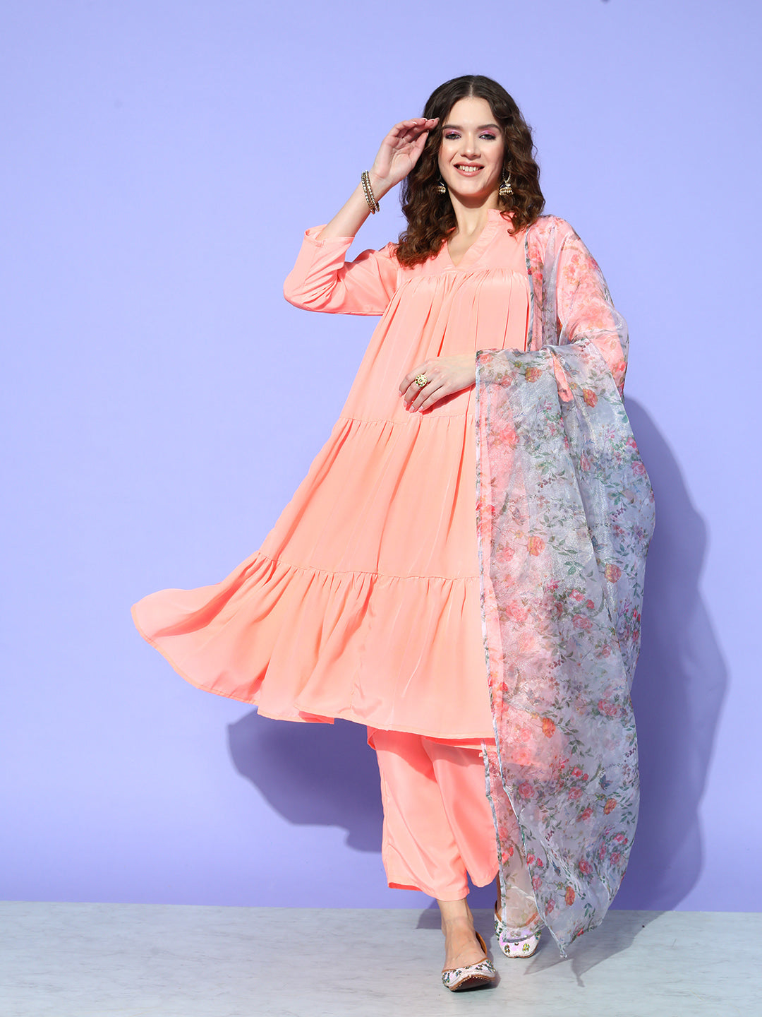 InWeave Women's Peach Flared Kurta Set With Off White Folral Organza Dupatta - Distacart