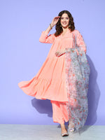 Thumbnail for InWeave Women's Peach Flared Kurta Set With Off White Folral Organza Dupatta - Distacart