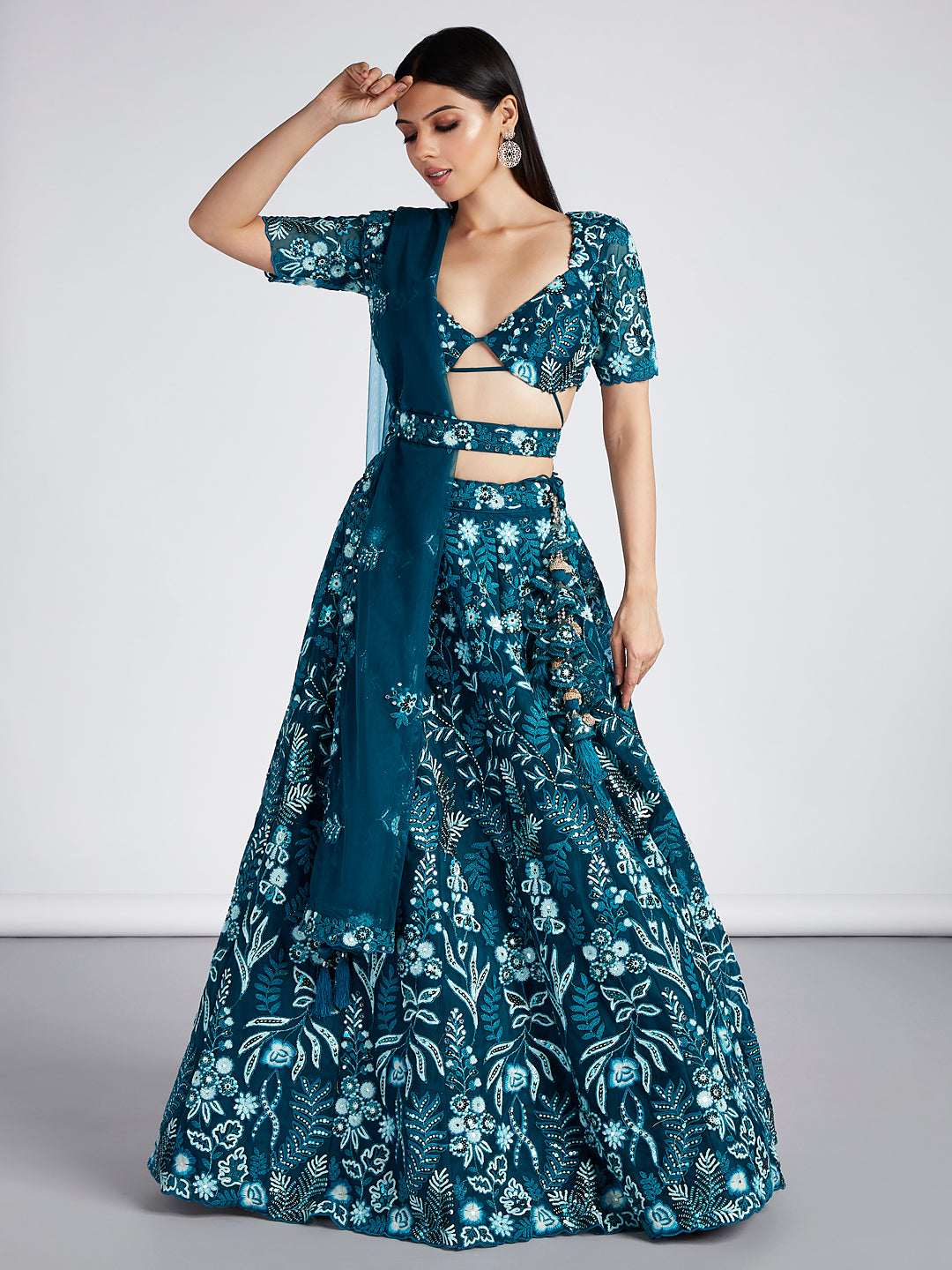 House of Panchhi Teal Net Sequins, Mirror And Thread Embroidery Lehenga Choli & Dupatta - Distacart