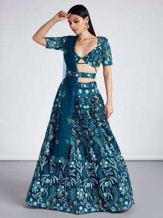 House of Panchhi Teal Net Sequins, Mirror And Thread Embroidery Lehenga Choli & Dupatta - Distacart