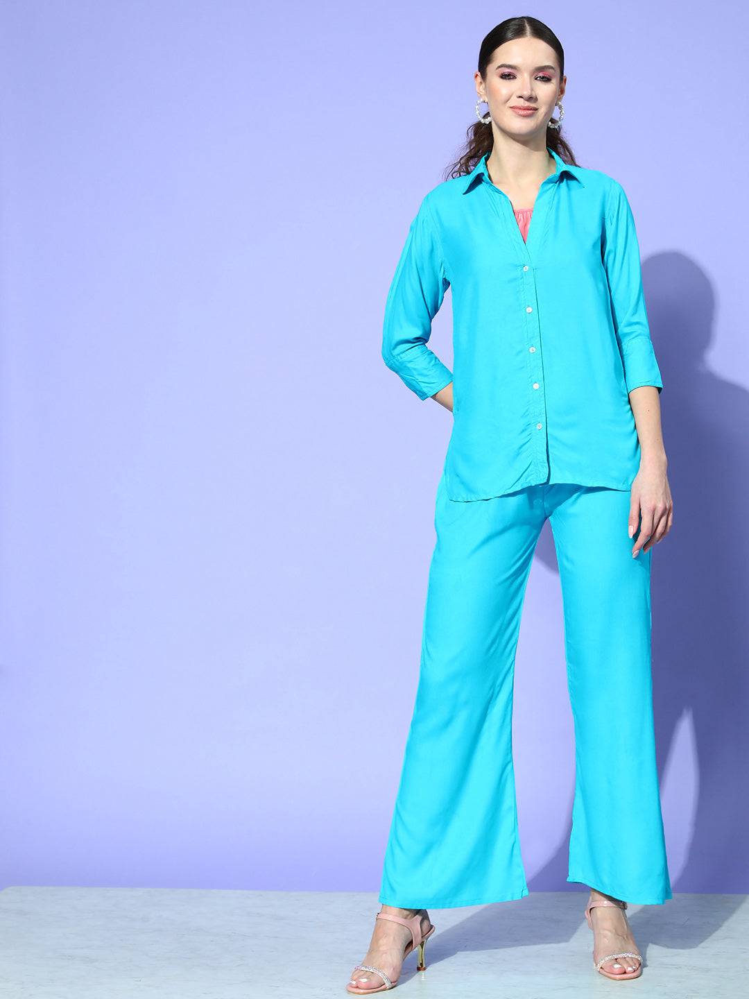 InWeave Women's Aqua Blue Coord Set With Solid Peach Crop Top - Distacart