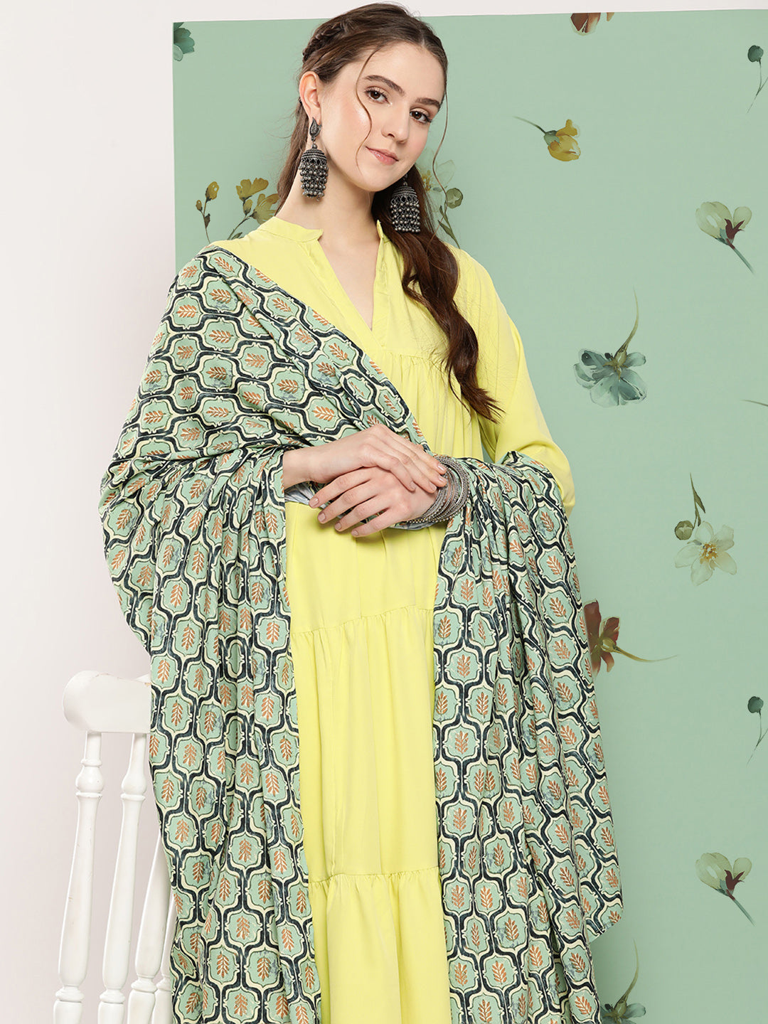InWeave Women's Lime Green Flared Kurta Set W Green Print Cr Dupatta - Distacart