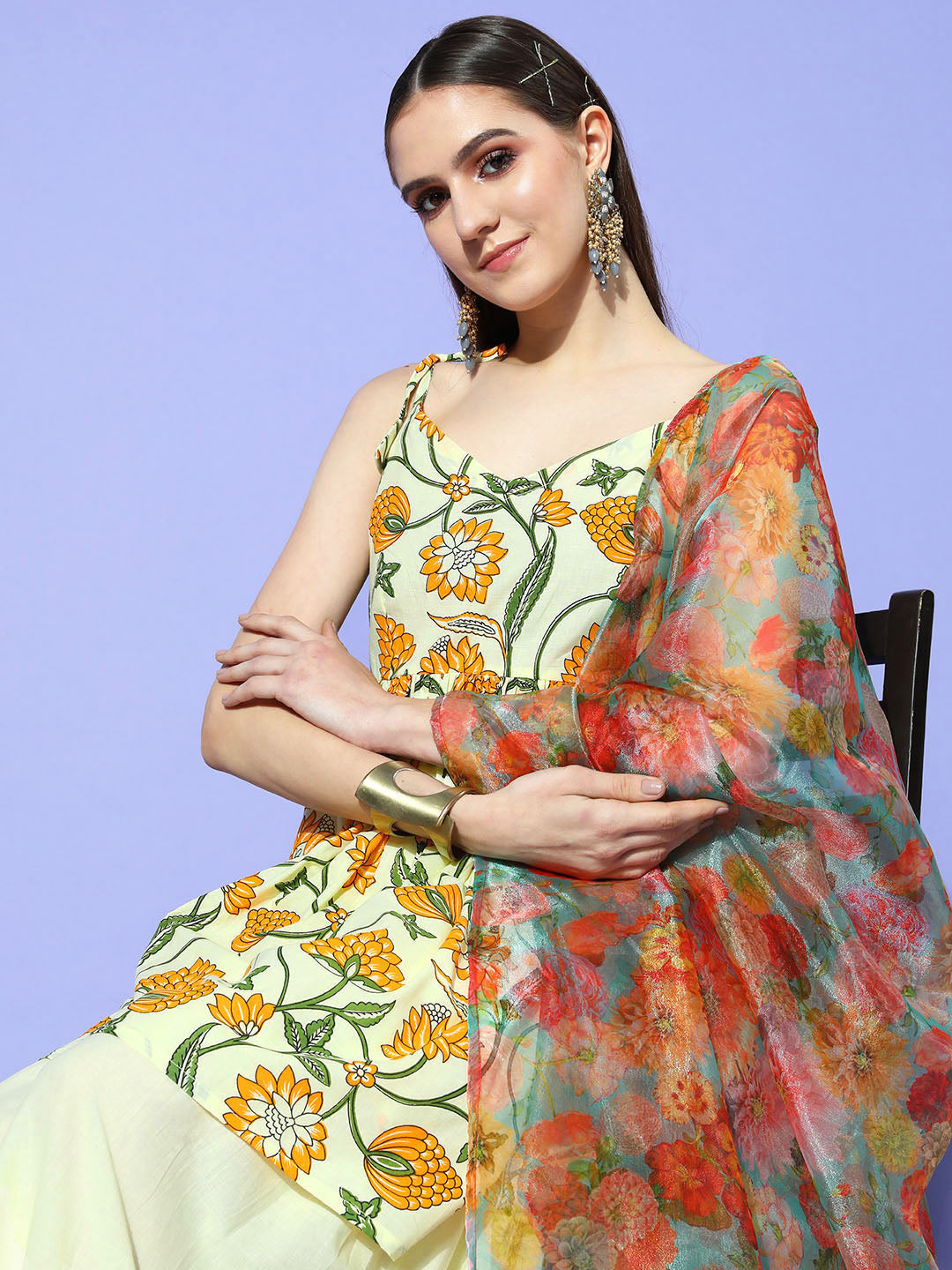 InWeave Women's Off White Yellow Floral Print Tie Up Kurta Sharara Set With Dupatta - Distacart