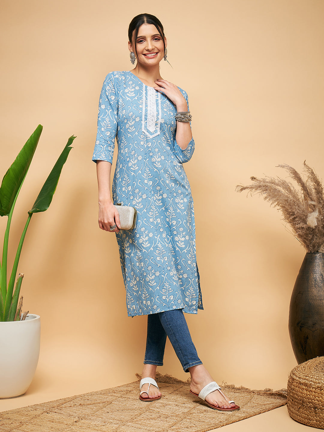 InWeave Women's Powder Blue White Print Lace Straight Kurta - Distacart