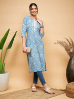 Thumbnail for InWeave Women's Powder Blue White Print Lace Straight Kurta - Distacart