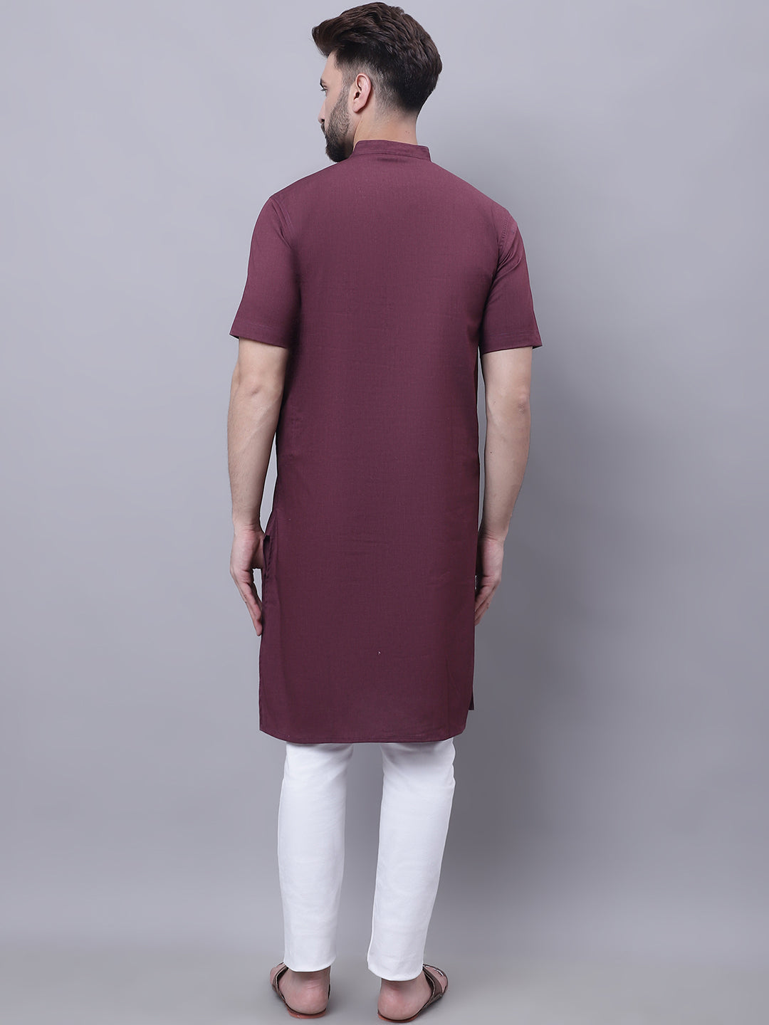 Even Apparels Wine Pure Cotton Short Sleeves Kurta With Band Collar - Distacart