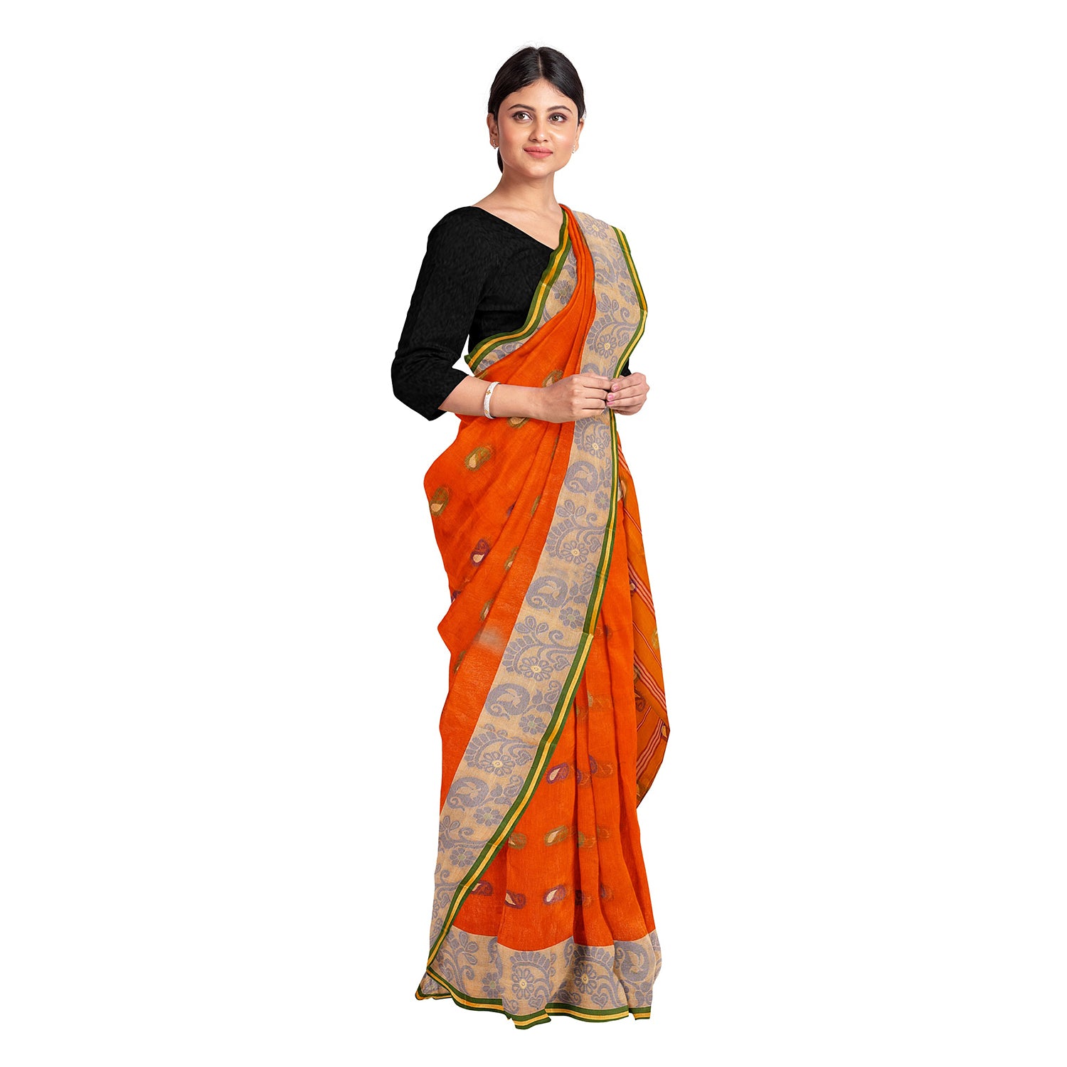 Exclusive Collection 100% Pure Cotton Orange Tant Saree With Hand Weaving Work - Distacart
