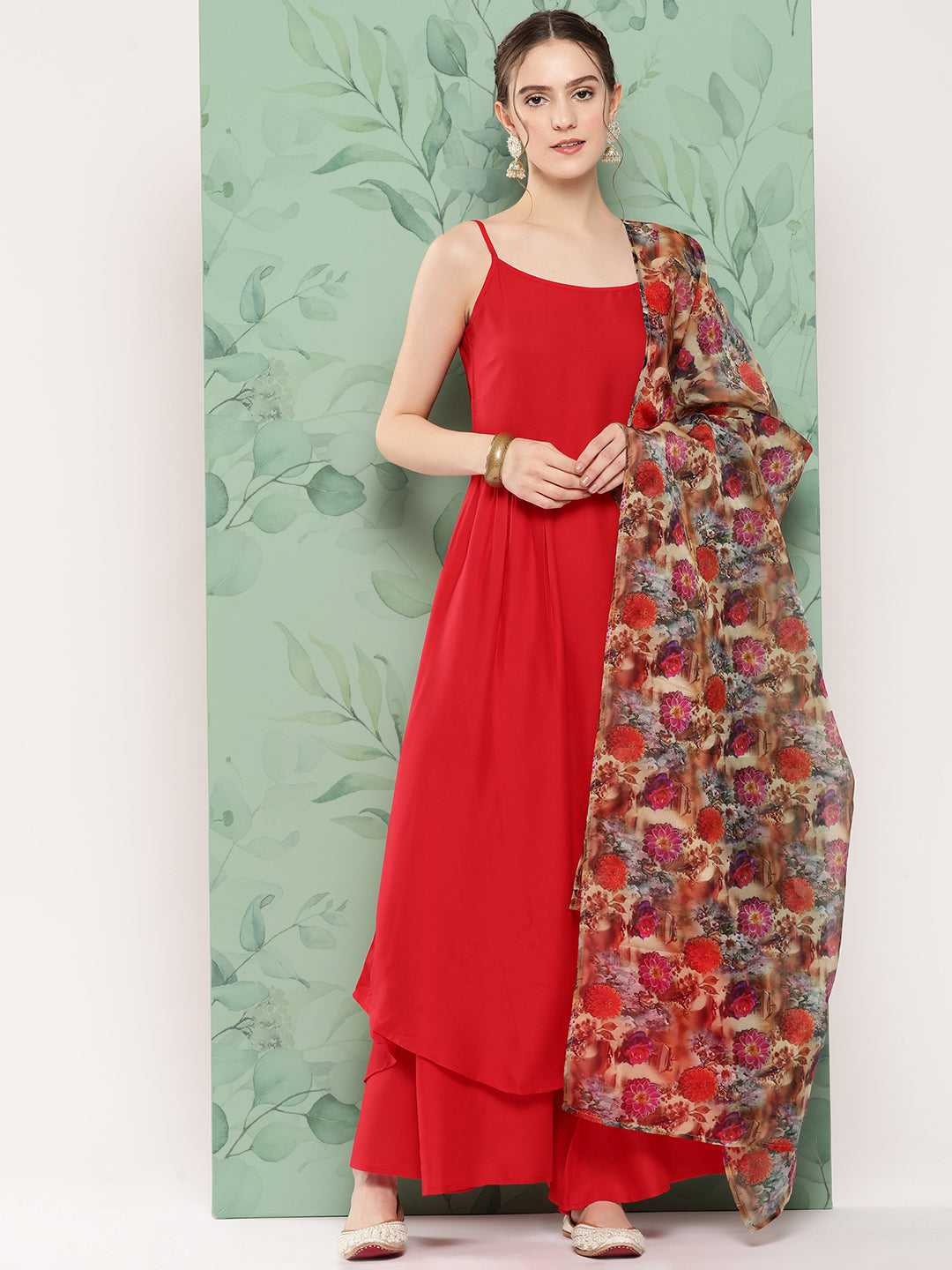 InWeave Women's Red Strappy Set W Camel Brown Or Duptta - Distacart