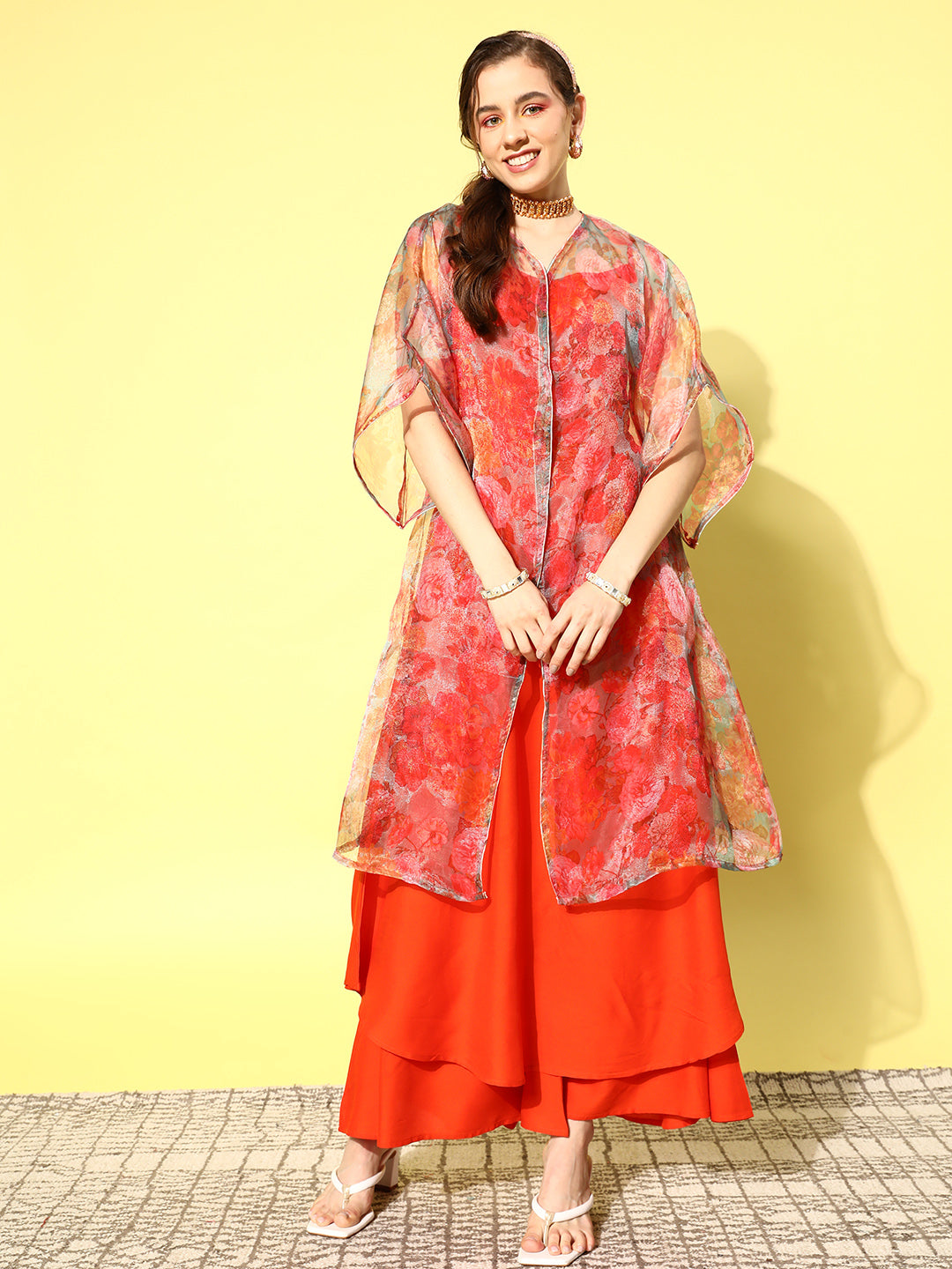 InWeave Women's Orange Strappy Set W Green Organza Cape - Distacart