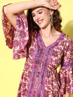 Thumbnail for InWeave Women's Fuchsia Floral Prnited Bell Sleeve Short Dress - Distacart
