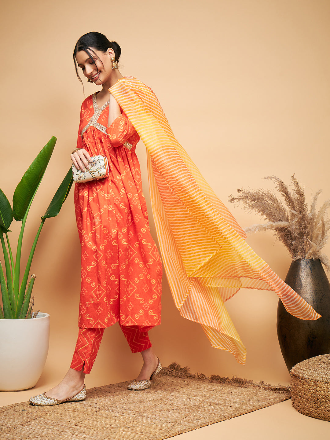 InWeave Women's Orange S Print Alia Cut Gota Work Kurta Set W Mustard Le Du - Distacart