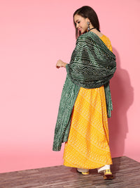 Thumbnail for InWeave Women's Yellow Bandhani Long Anarkali Kurta With Green Bandhani Dupatta - Distacart