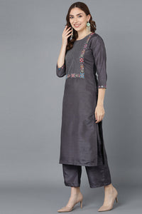 Thumbnail for Women's Charcoal Poly Silk Embroidered Kurta Trousers With Dupatta - Rasiya - Distacart