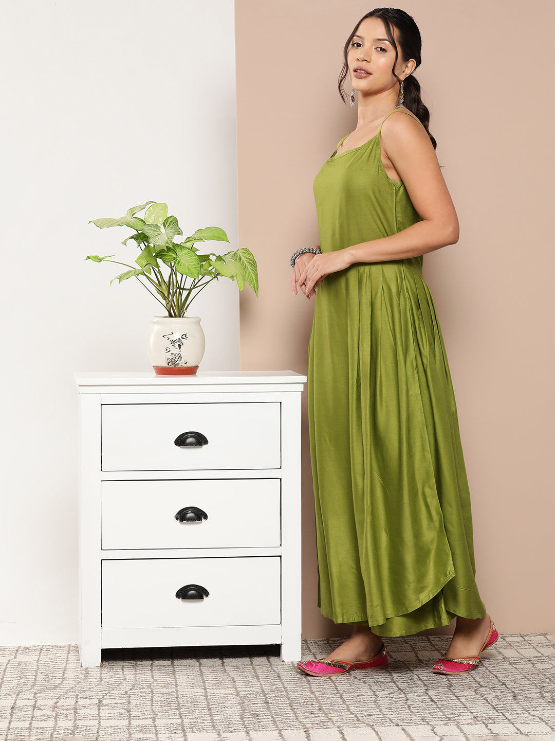 InWeave Women's Olive Green Strappy Set With Pink Green Floral Cape - Distacart