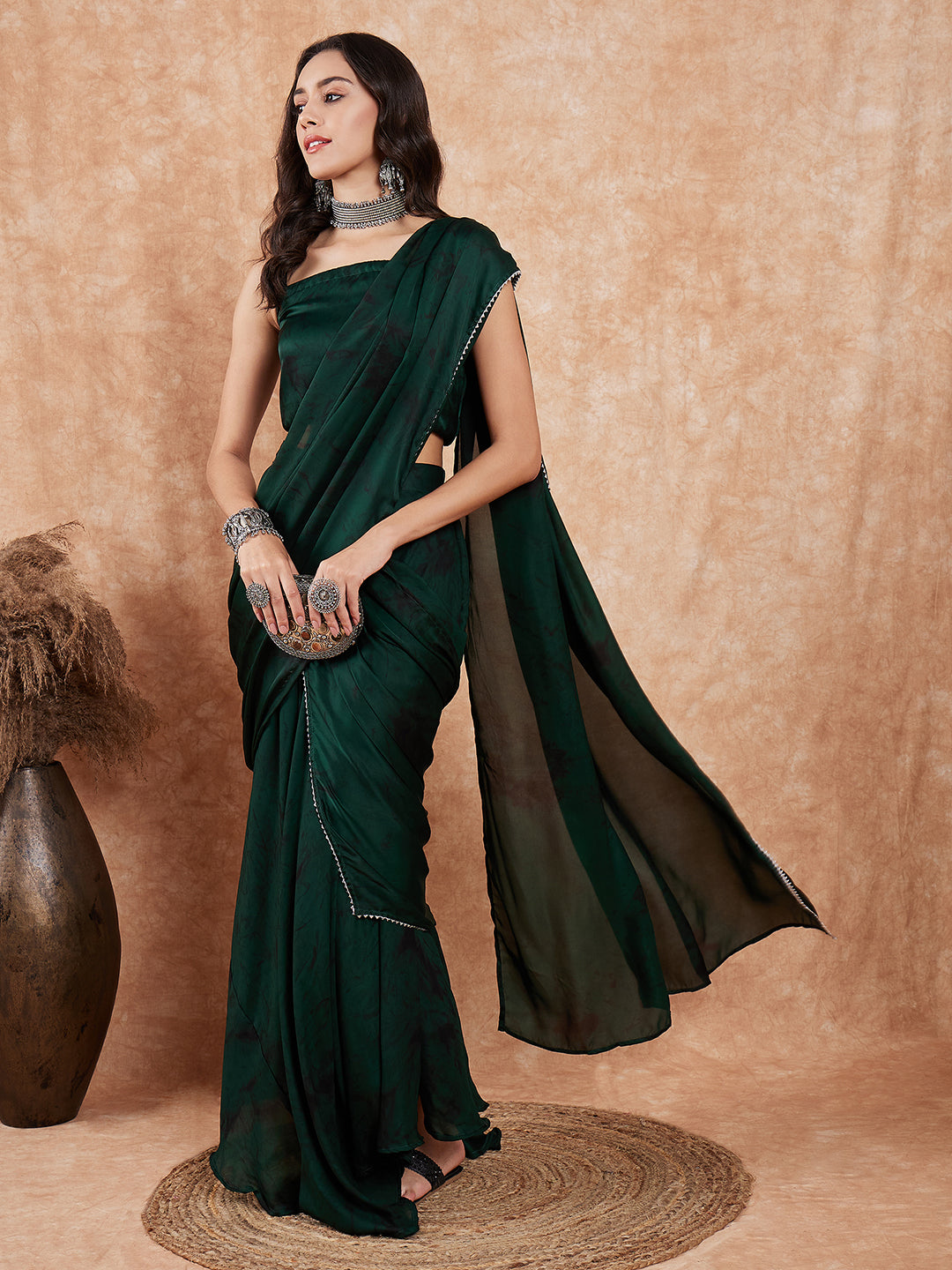 InWeave Women's Dark Green Black Gota Skirt Saree - Distacart