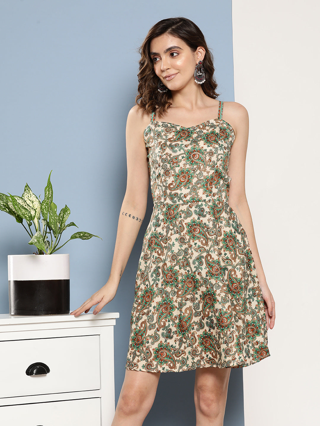 InWeave Women's Dark Green Floral Back Tie Up Detail Dress - Distacart