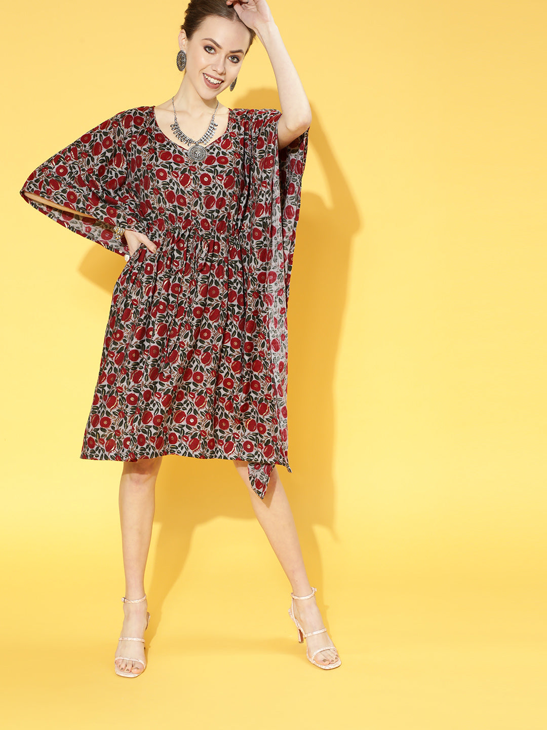 InWeave Women's Maroon Floral Jaal Print Kaftan Dress - Distacart