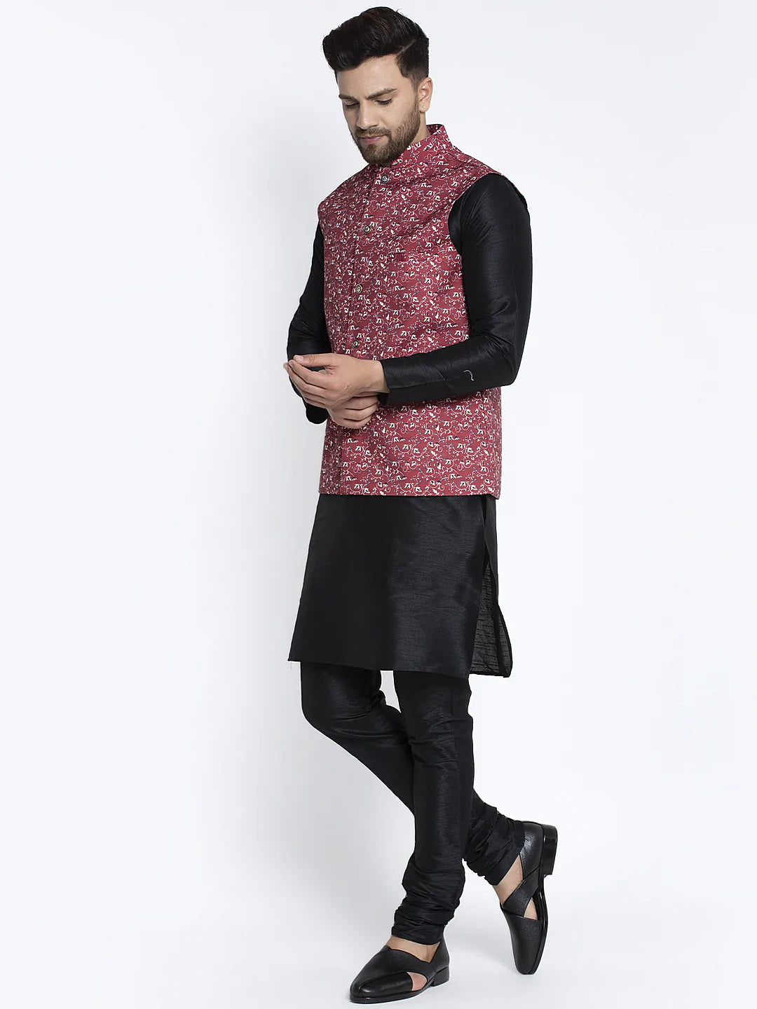 Kalyum Men's Silk Blend Black Kurta With Pyjama & Maroon Printed Nehru Jacket - Distacart