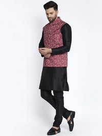 Thumbnail for Kalyum Men's Silk Blend Black Kurta With Pyjama & Maroon Printed Nehru Jacket - Distacart