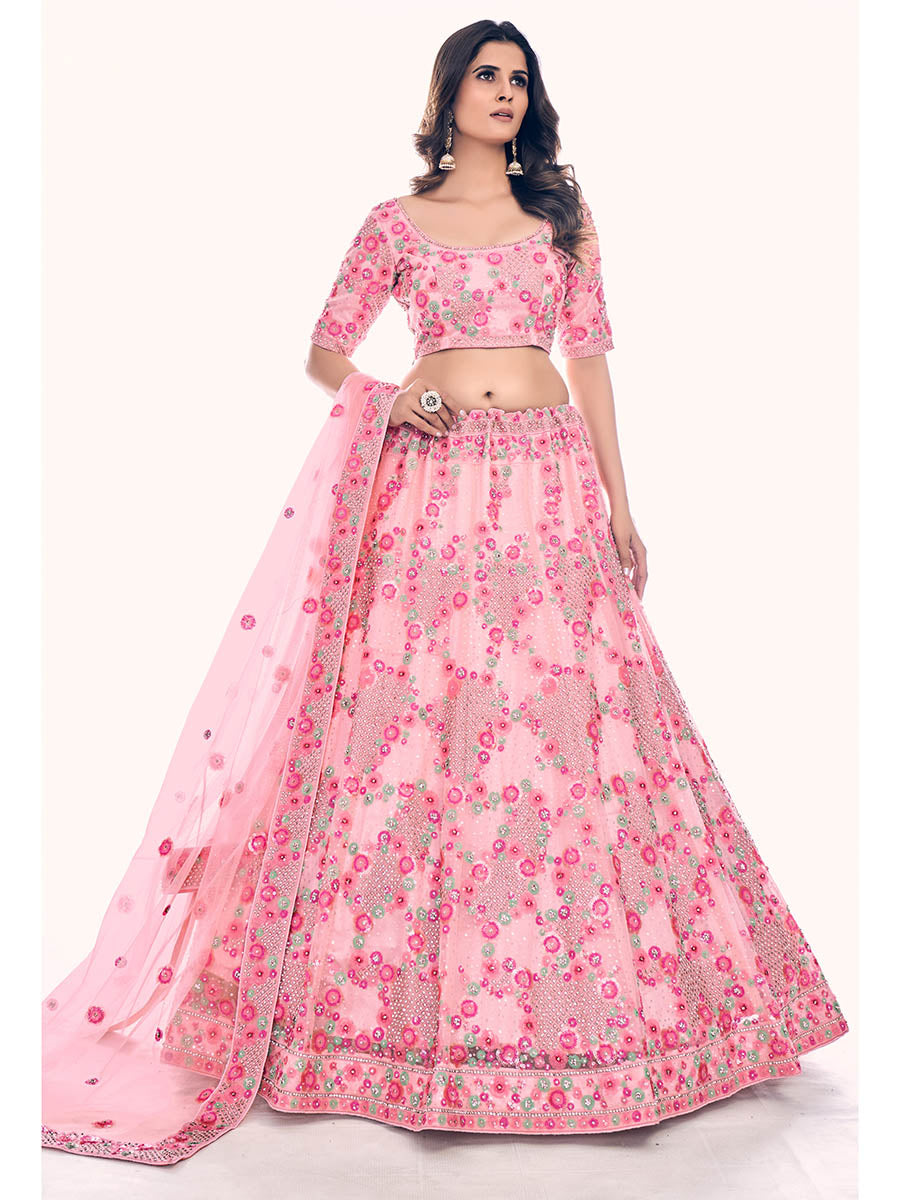 Myra Peach Soft Net Embroidered Designer Lehenga Choli - Distacart