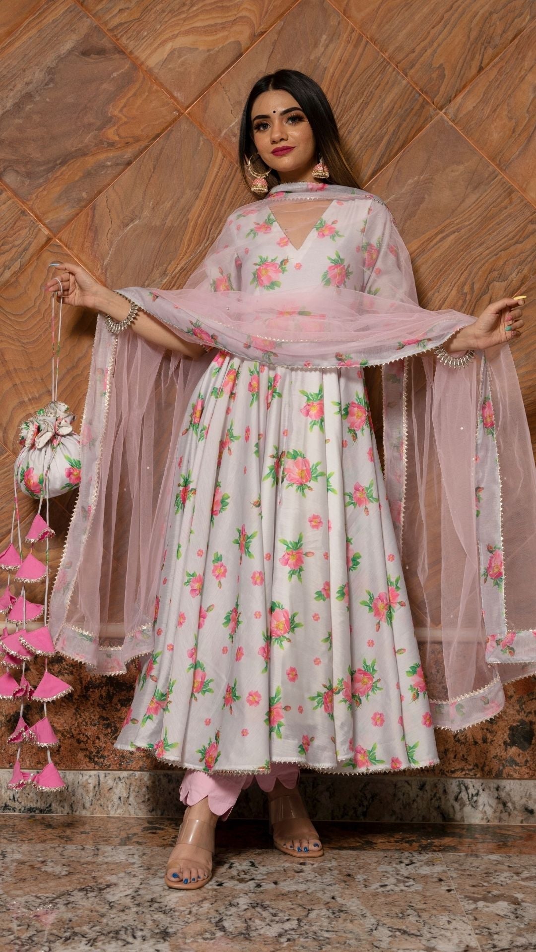 Pomcha Jaipur Flamingo Chandheri Anarkali Set - Distacart