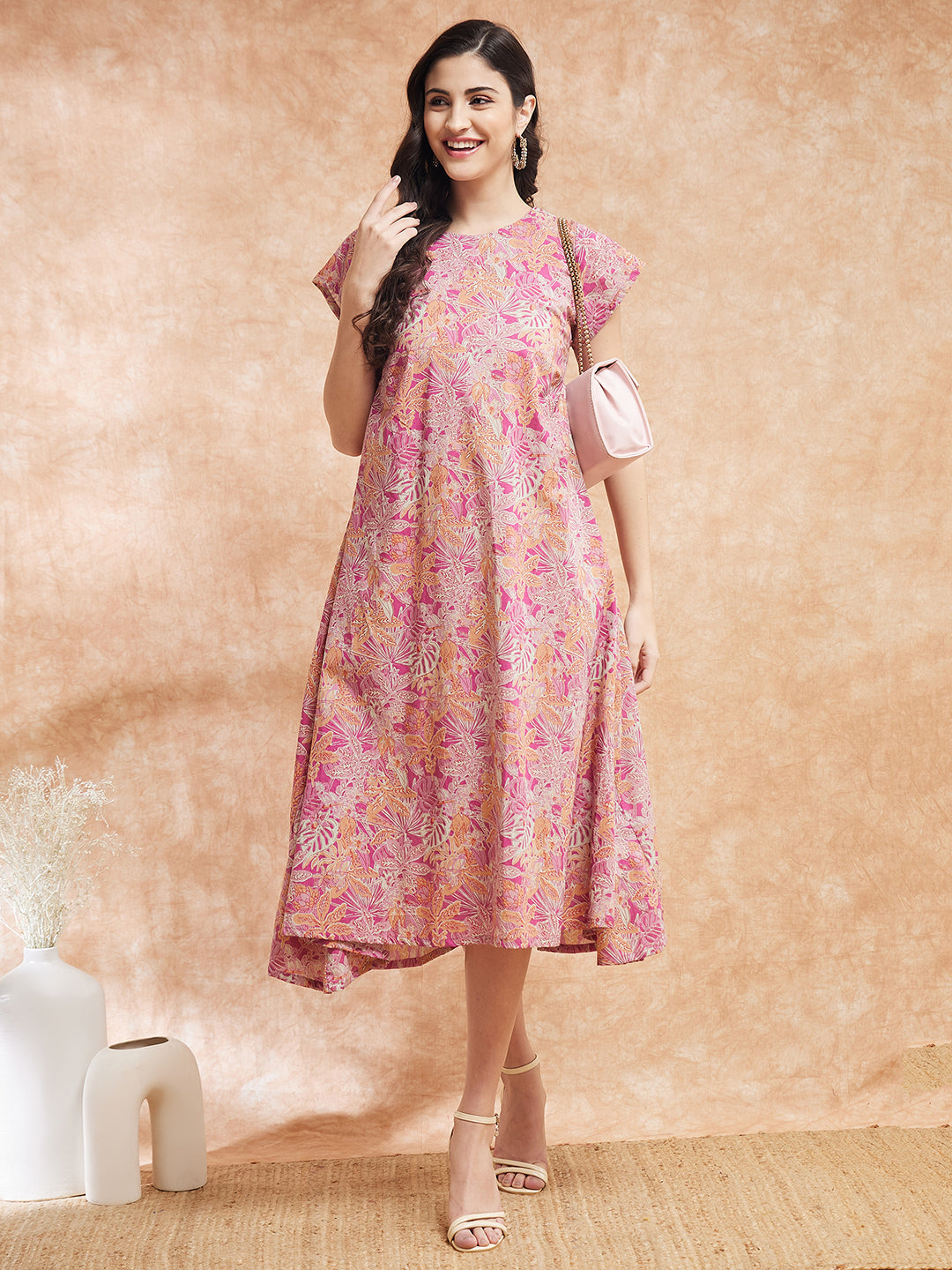 InWeave Women's Pink Coral Floral Print A Line Dress - Distacart