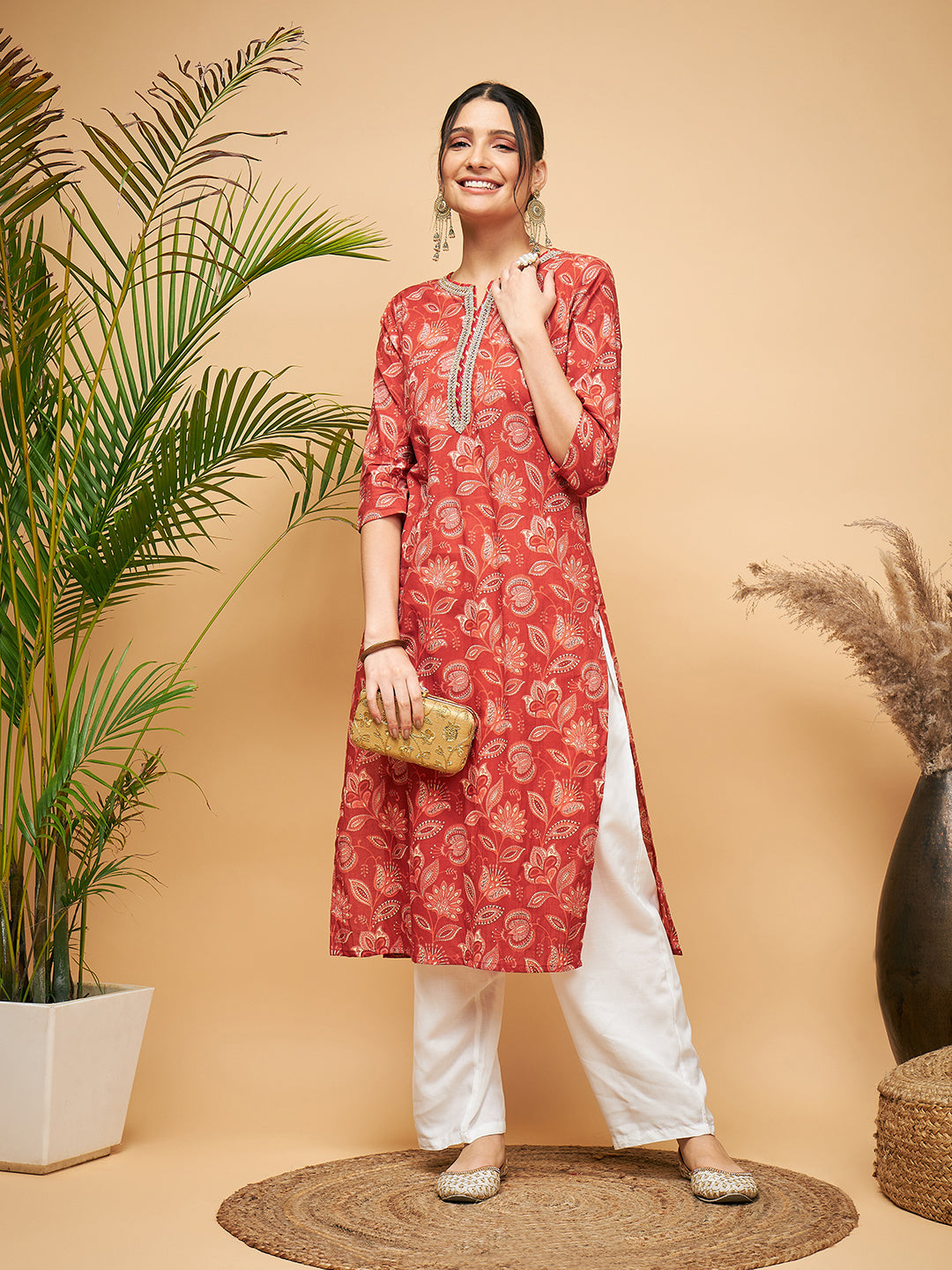 InWeave Women's Rust Paisley Print Gota Straight Kurta Pant Set - Distacart