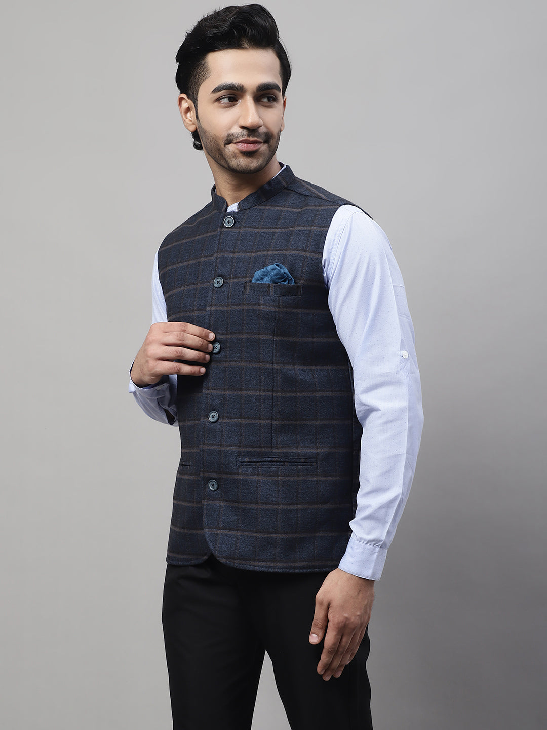 Even Apparels Men's Blue Nehru Jacket With Welt Pockets - Distacart