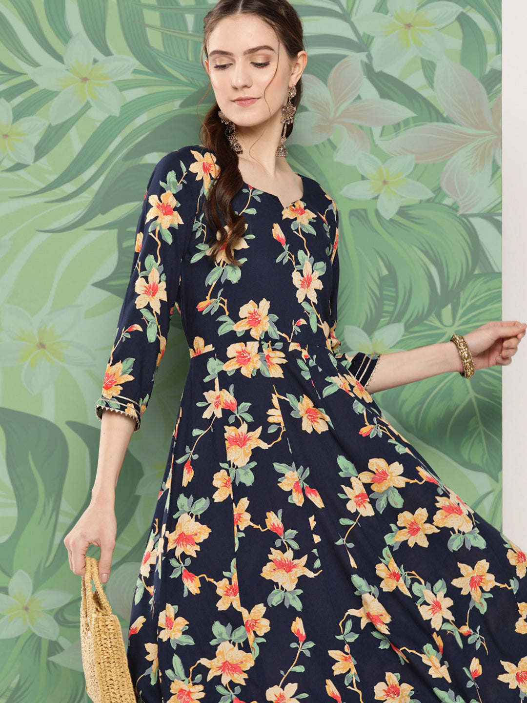 InWeave Women's Black Tropical Print Gota Long Dress - Distacart