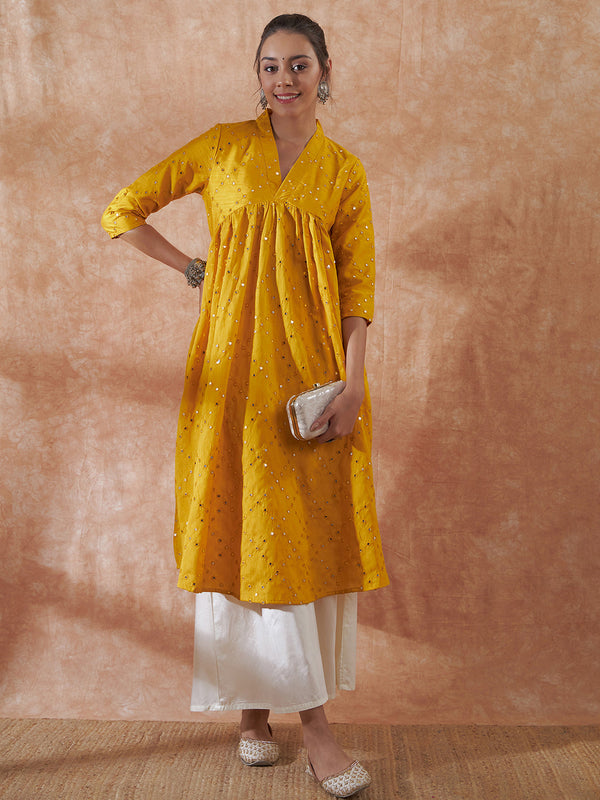 InWeave Women's Mustard Mirror Work Flared Kurta - Distacart