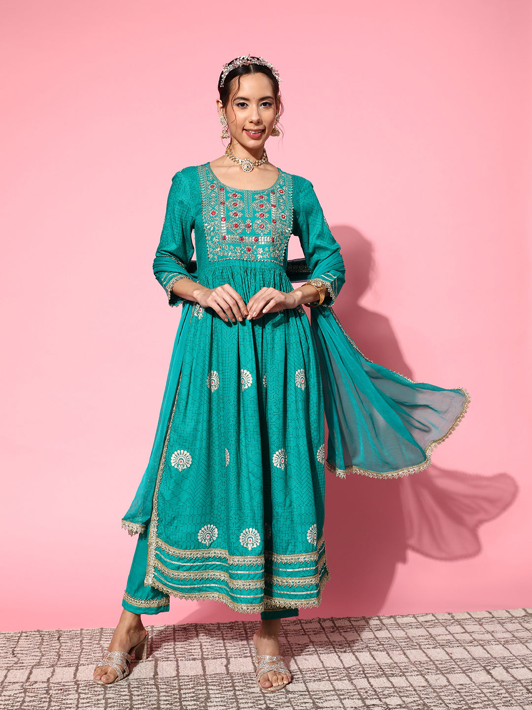 InWeave Women's Teal Nyra Cut Embroidered Kurta Set With Dupatta - Distacart