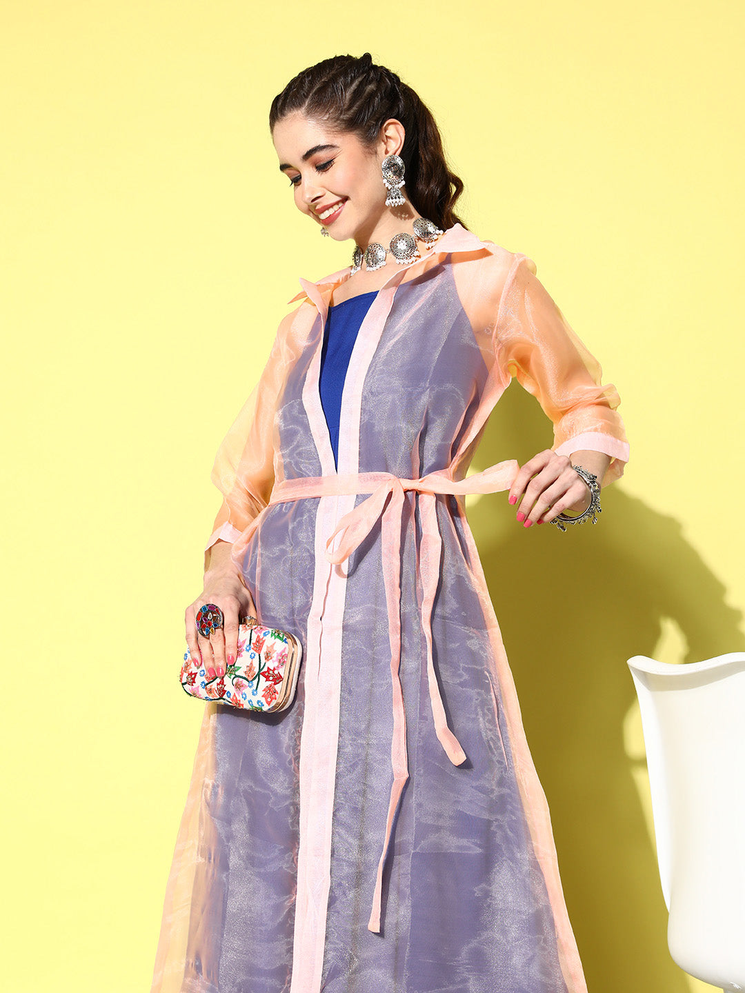 InWeave Women's Ink Blue Strappy Kurta Set With Peach Organza Cape - Distacart
