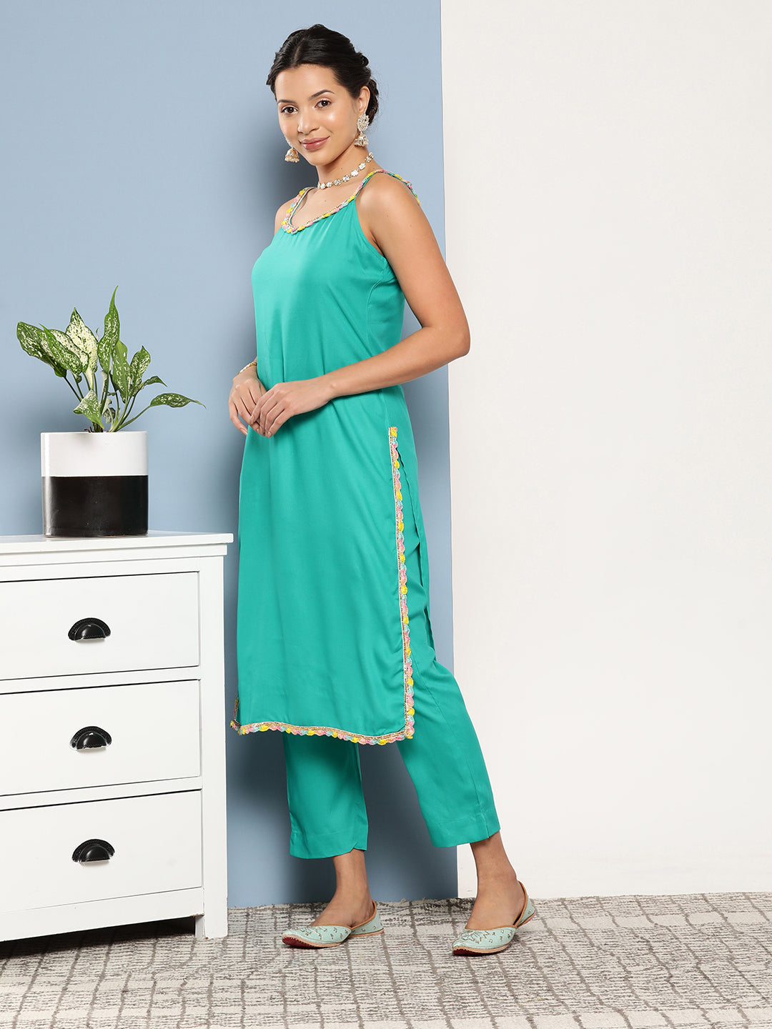 InWeave Women's Teal Lace Work Straight Strappy Kurta Set With Lime Green Chiffon Dupatta - Distacart