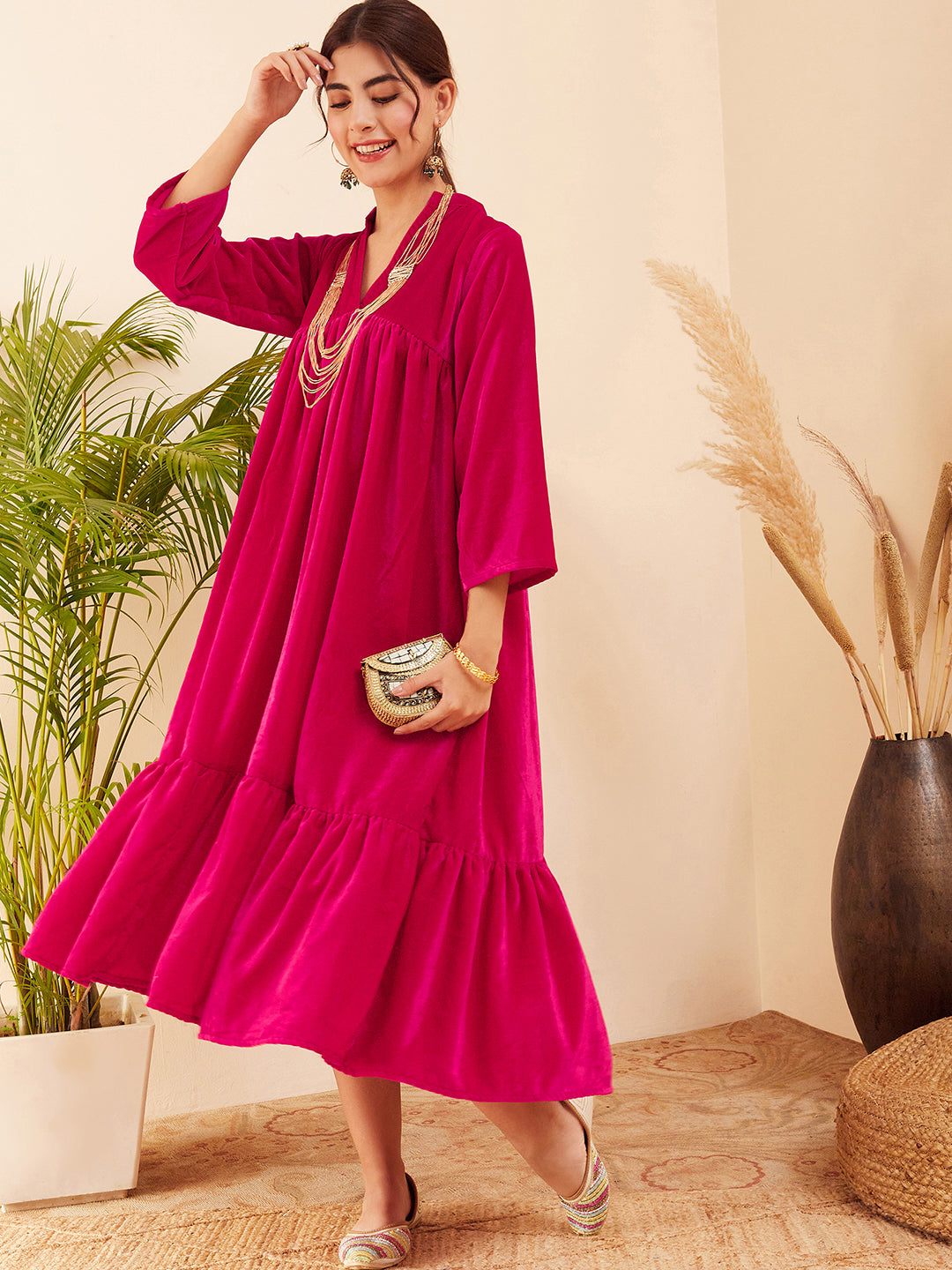 InWeave Women's Fuchsia Velvet Manderia V Neck Flared Dress - Distacart