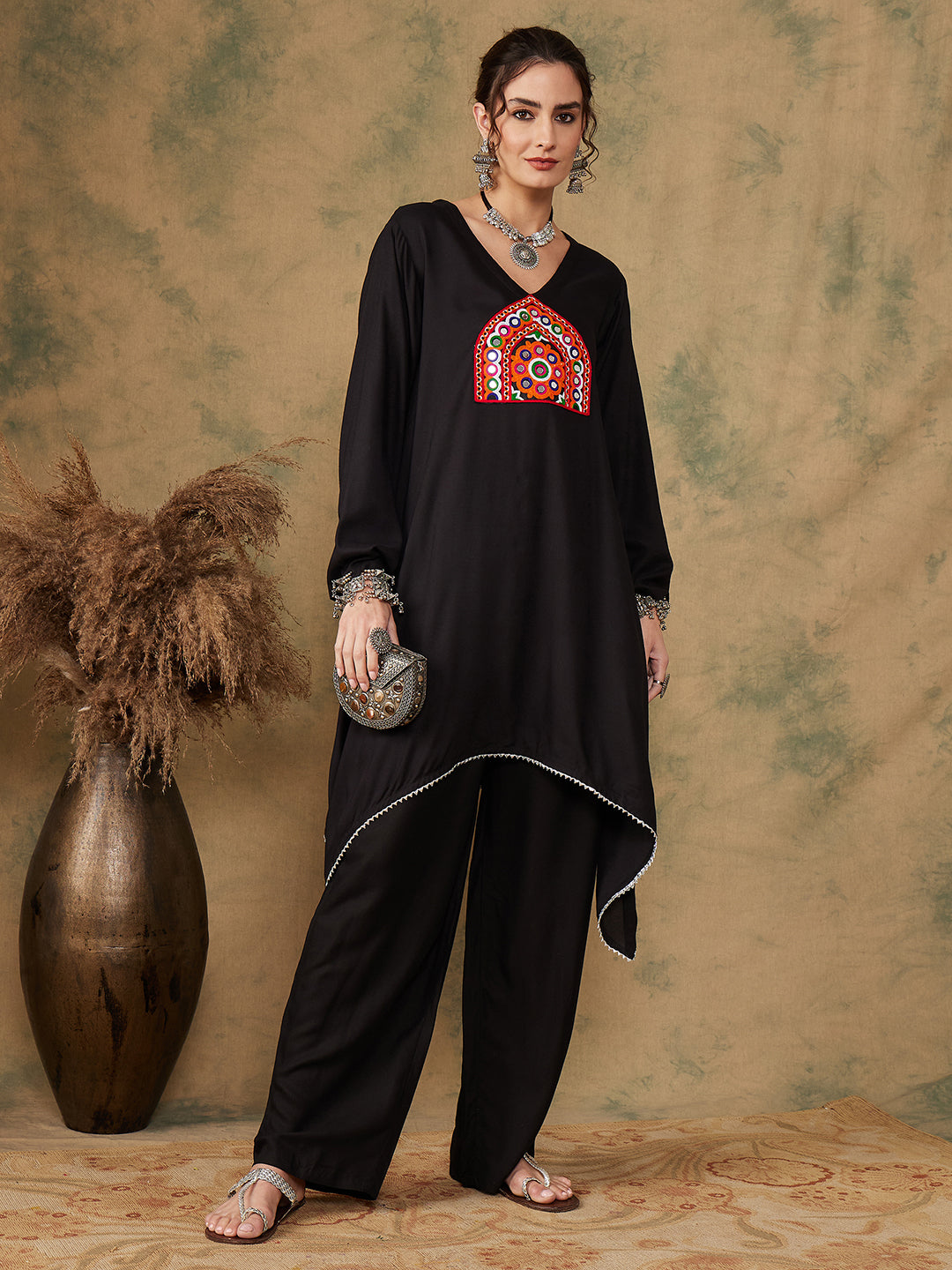 InWeave Women's Black Trangle Maroon Patch Work Assymentrical Kurta Set - Distacart