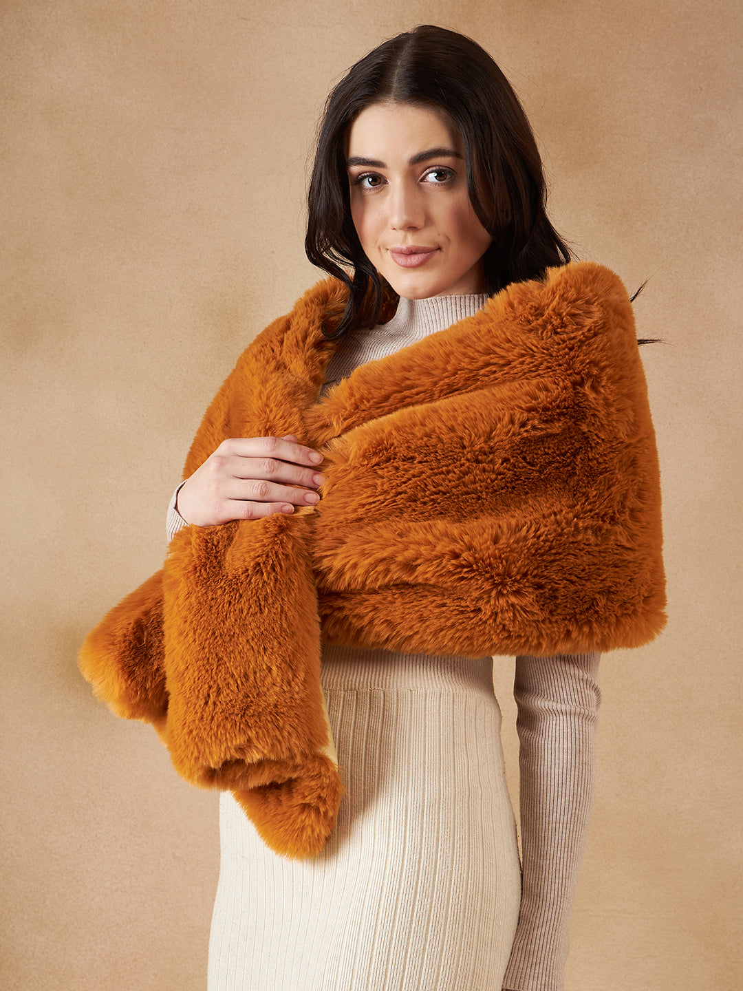 InWeave Women's Carrot Orange Long Faux Fur Cape - Distacart