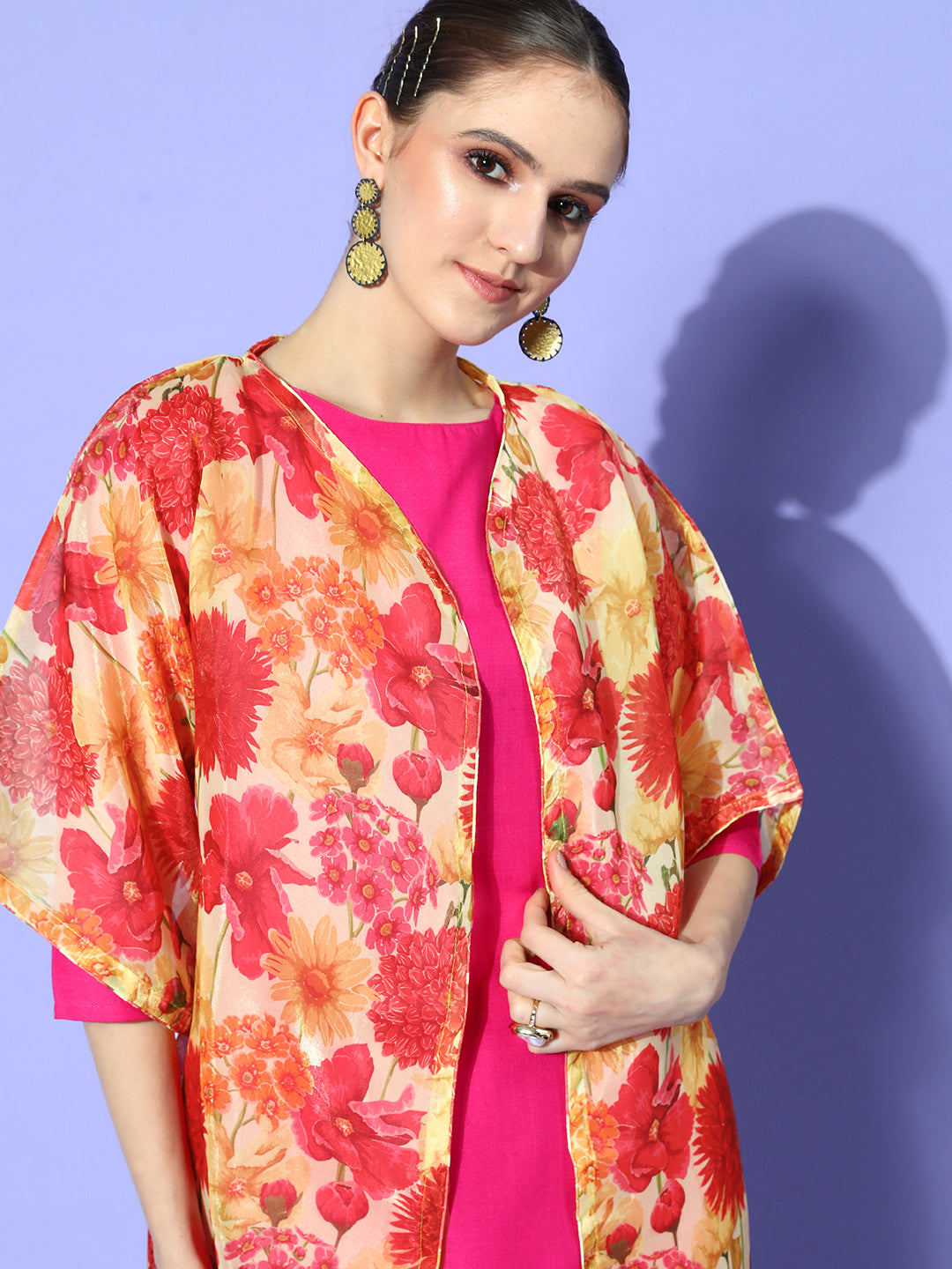 InWeave Women's Red Mustard Chintz Long Organza Cape - Distacart